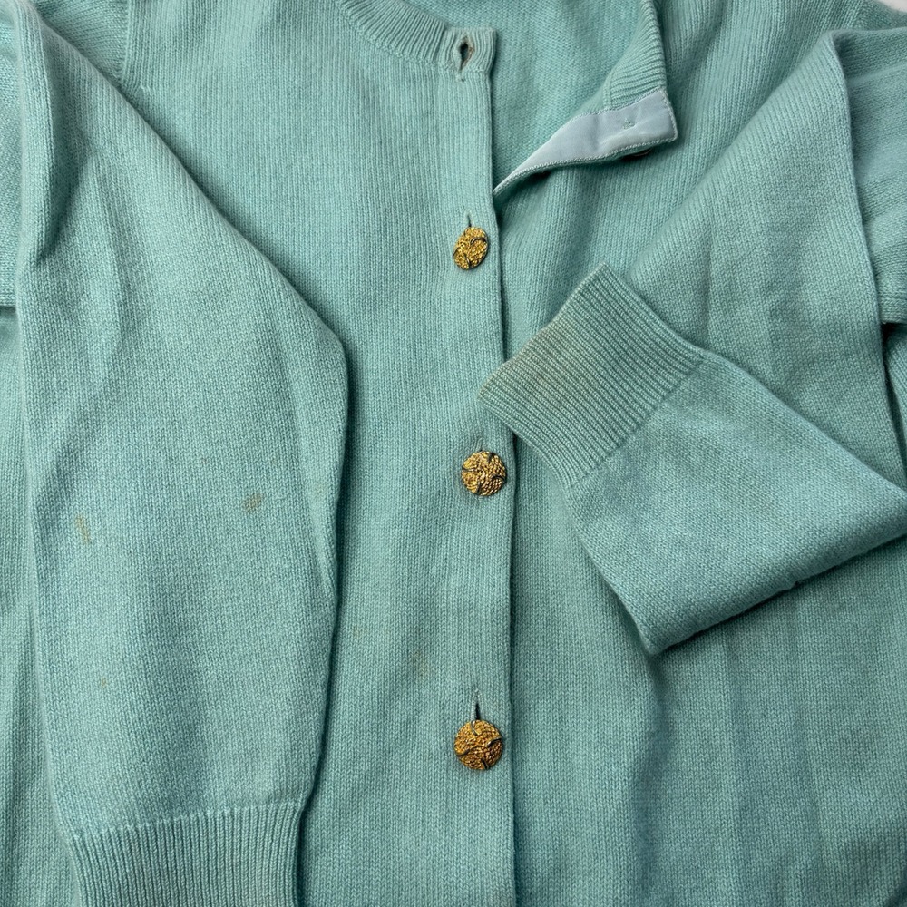 Vintage Ballantyne of Peebles 100% Cashmere Cardigan Scotland Blue 38 SEE Stains - Picture 4 of 8